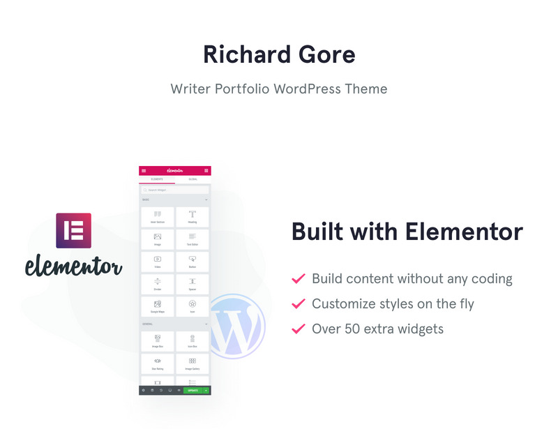 Richard Gore - Modelo de portfólio de escritor elegante com tema WordPress Elementor Builder - Features Image 1